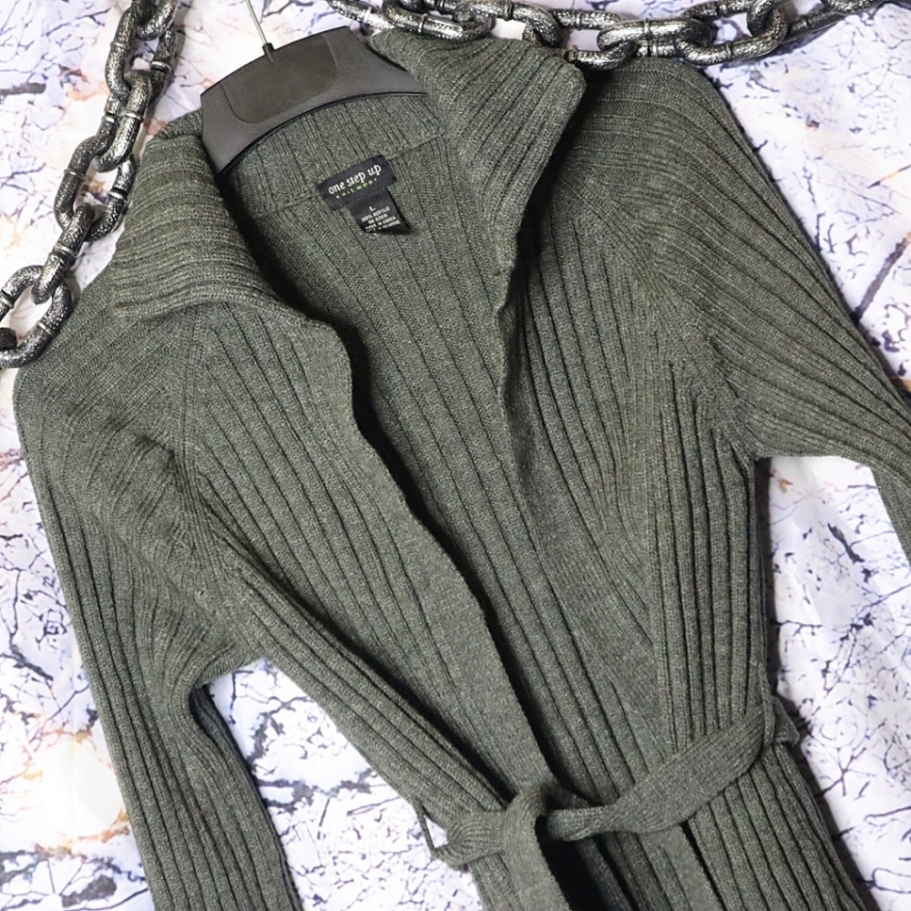 SAGE GREEN CARDIGAN L One Step Up Knitwear Cableknit Open Belted Trench Sweater